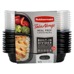 Packaged stack of Rubbermaid TakeAlongs meal prep containers with label showing built-in divider and food photo.