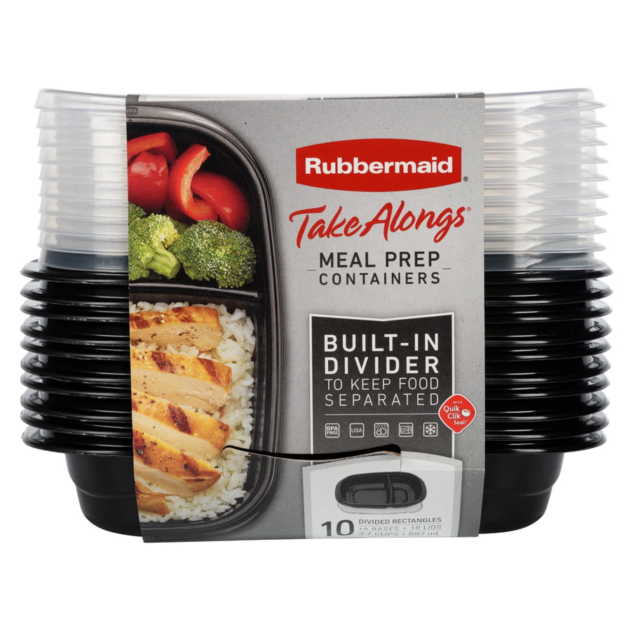 Packaged stack of Rubbermaid TakeAlongs meal prep containers with label showing built-in divider and food photo.