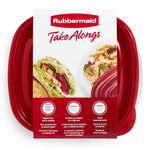 Top-view Rubbermaid TakeAlongs container with red lid and retail sleeve showing food photography and product icons