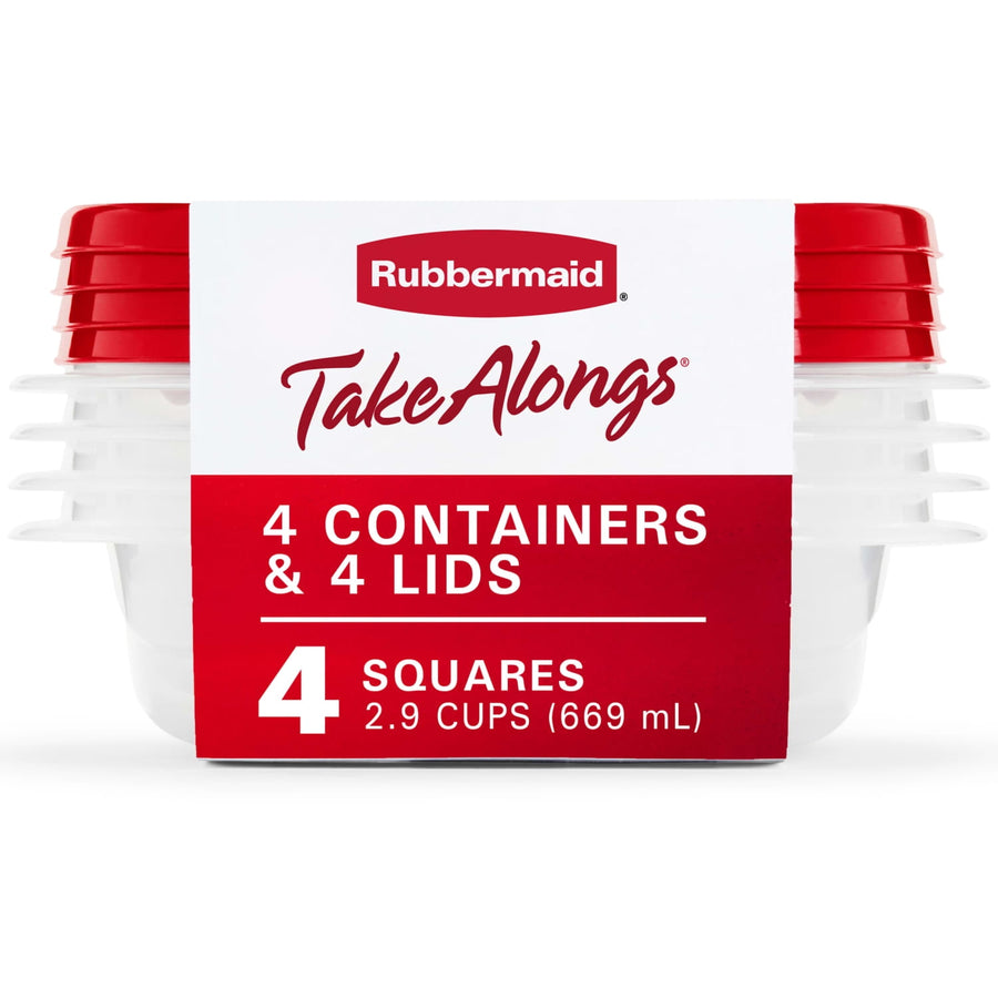Stacked Rubbermaid TakeAlongs square clear containers with red lids and red/white packaging label
