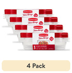 Four boxed Rubbermaid TakeAlongs rectangular clear containers with red lids shown stacked with retail banding