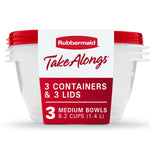 Close-up front view of Rubbermaid TakeAlongs retail sleeve showing 3 containers and red lids with product branding