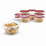 Grouped set of clear Rubbermaid TakeAlongs food containers with red lids filled with pasta, arranged on white background