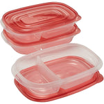 Stack of clear Rubbermaid divided food containers with red lids and one container shown open to display compartments