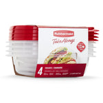 Side view of stacked Rubbermaid TakeAlongs clear square containers with red lids and product sleeve