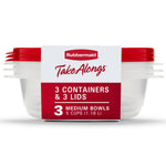 Stacked clear plastic Rubbermaid TakeAlongs medium bowls with red lids and product sleeve showing '3 containers & 3 lids'