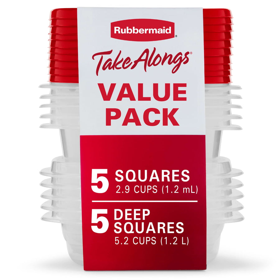 Stacked Rubbermaid TakeAlongs plastic food containers with red lids and a central label reading VALUE PACK