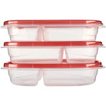 Three clear divided Rubbermaid containers stacked showing red lids and internal divider profile from side