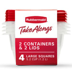 Stacked square Rubbermaid TakeAlongs containers with red lids and branded cardboard sleeve