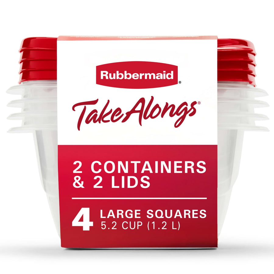 Stacked square Rubbermaid TakeAlongs containers with red lids and branded cardboard sleeve