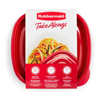 Top-down view of Rubbermaid TakeAlongs packaging showing red lid and label with product features and pasta image