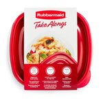 Top view of a red-lidded Rubbermaid TakeAlongs square container with packaging art and icons