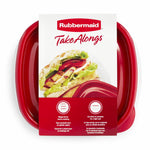Top-down view of Rubbermaid TakeAlongs square container with red lid partially visible and branded sleeve
