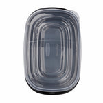 Top-down view of nested clear lids and black Rubbermaid TakeAlongs container bases with visible branding on lid.