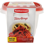 Close-up front view of Rubbermaid TakeAlongs two-pack packaging with red lids and product image