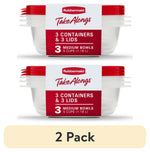 Two stacked Rubbermaid TakeAlongs packs showing red lids and label reading '3 containers & 3 lids, 3 medium bowls 5 cups'