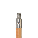 Close-up of the metal threaded ferrule and screw tip attached to the end of a wooden broom handle