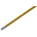 Angled close-up of a natural wood broom handle showing wood grain and a metal threaded tip