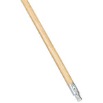 Diagonal view of a natural wood broom handle with a metal threaded tip and ferrule on a white background