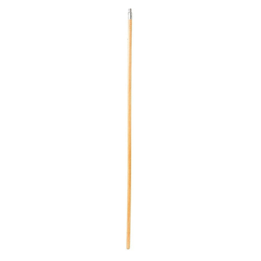 Full-length natural wood broom handle with metal threaded tip on a white background