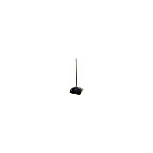 Rubbermaid black upright Lobby Pro dust pan with long handle shown on a white background.