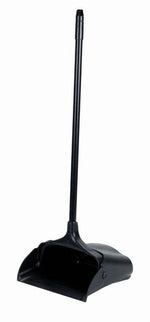 Full-length black upright dust pan with long handle shown against a white background, angled to show the scoop opening.
