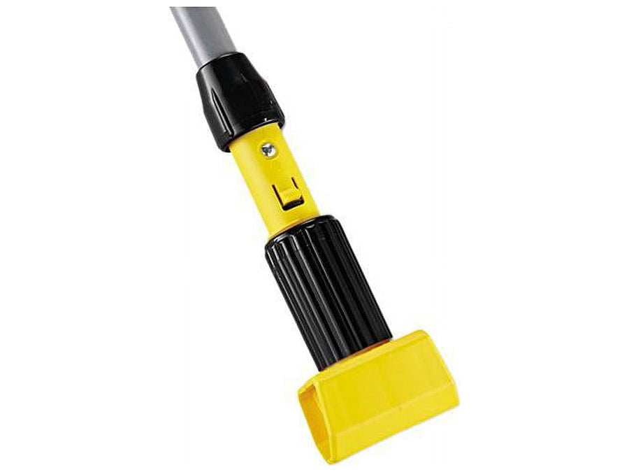 Close-up of a Rubbermaid gripper style mop handle shaft showing yellow locking collar and gray fiberglass pole
