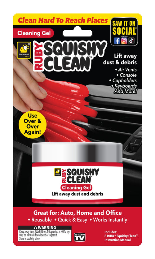 Retail blister-pack graphic showing Ruby Squishy Clean cleaning gel jar and red cleaning gel being pulled into air vent