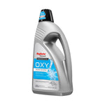 Angled view of a silver Rug Doctor Bissell OXY professional carpet cleaner bottle with blue label