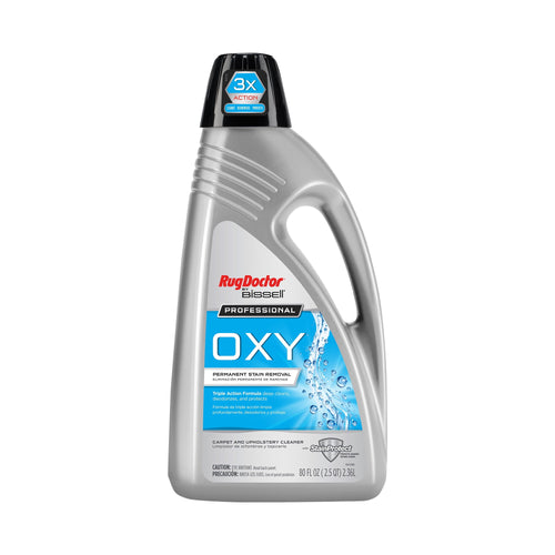 Silver Rug Doctor Bissell OXY professional carpet cleaner bottle with blue label on white background