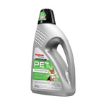 Angled silver Rug Doctor by BISSELL PET stain and odor cleaner bottle with green label and pet photos
