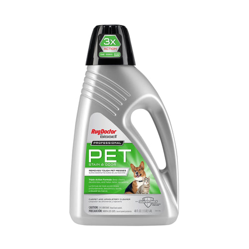 Silver Rug Doctor by BISSELL PET stain and odor cleaner bottle with green label and pet images