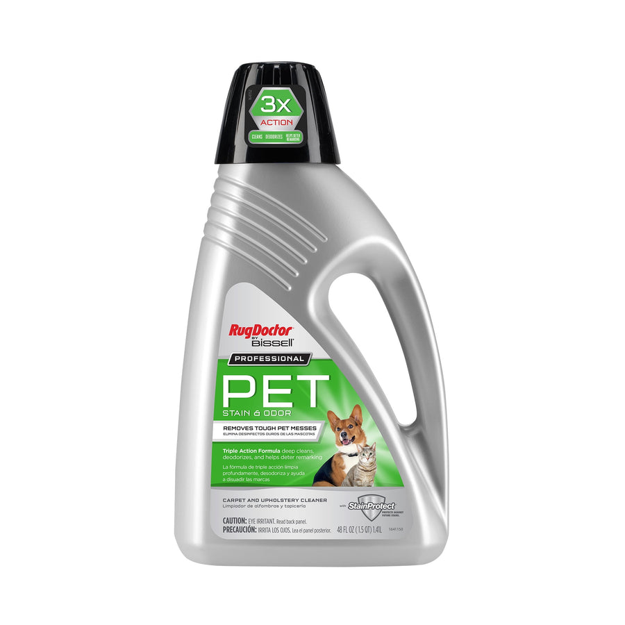 Silver Rug Doctor by BISSELL PET stain and odor cleaner bottle with green label and pet images