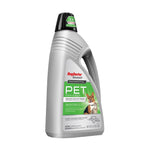 Angled front view of a silver Rug Doctor Bissell PET stain and odor carpet cleaner bottle with green label