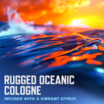Colorful oceanic-style graphic with text 'Rugged Oceanic Cologne' and a citrus scent callout on dotted blue background