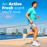 Person jogging outdoors with blue sky background and copy reading 'An Active Fresh scent you'll love.'
