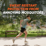 Runner in motion through a park with overlaid text advertising sweat-resistant protection from mosquitoes
