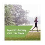 Runner jogging in a park with a green banner claiming the product repels ticks that may cause Lyme disease