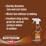 Graphic panel listing product benefits beside Rust-Oleum Whink rust stain remover bottle