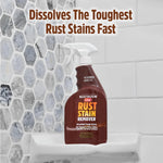 Rust-Oleum Whink rust stain remover spray placed on a shower shelf with tiled wall