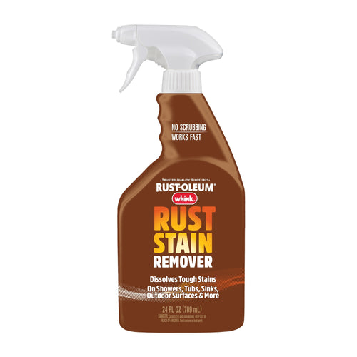 Brown Rust-Oleum Whink rust stain remover spray bottle on white background