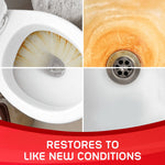 Four-panel before-and-after collage showing heavy rust stains in a toilet and drain and restored white surfaces