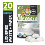 Pouch of RV Digest-It holding tank treatment with a small pile of white quick-dissolve drop-in pods and feature text