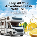 Recreational vehicle with lemons and text promoting TST to keep adventures fresh and odor-free