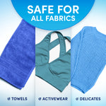 'Safe for all fabrics' graphic showing towels, activewear, and a knit sweater with labels for each fabric type