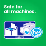Green panel stating “Safe for all machines.” with icons for top-load and front-load washers and HE symbol