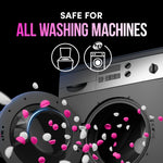 Graphic showing front- and top-load washing machine icons with pink and white beads and text 'Safe for All Washing Machines'