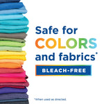 Stack of folded colorful clothing on left with text 'Safe for COLORS and fabrics' and 'BLEACH-FREE' badge