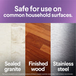 Purple banner showing stated safe use on common household surfaces with example tiles, wood and stainless textures