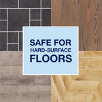 Graphic tile showing different hard floor types with central badge reading ‘SAFE FOR HARD-SURFACE FLOORS’
